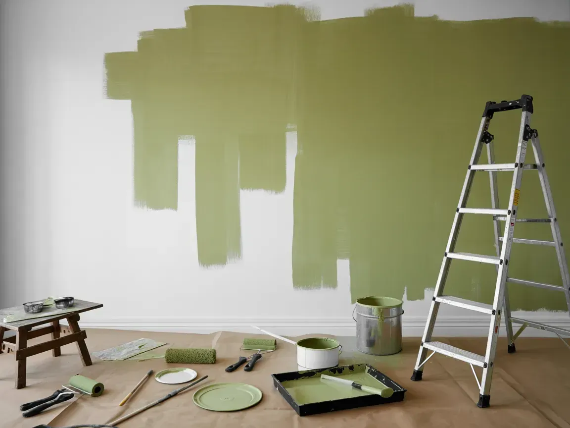 Painting supplies and ladder in a room with a wall being painted olive green.