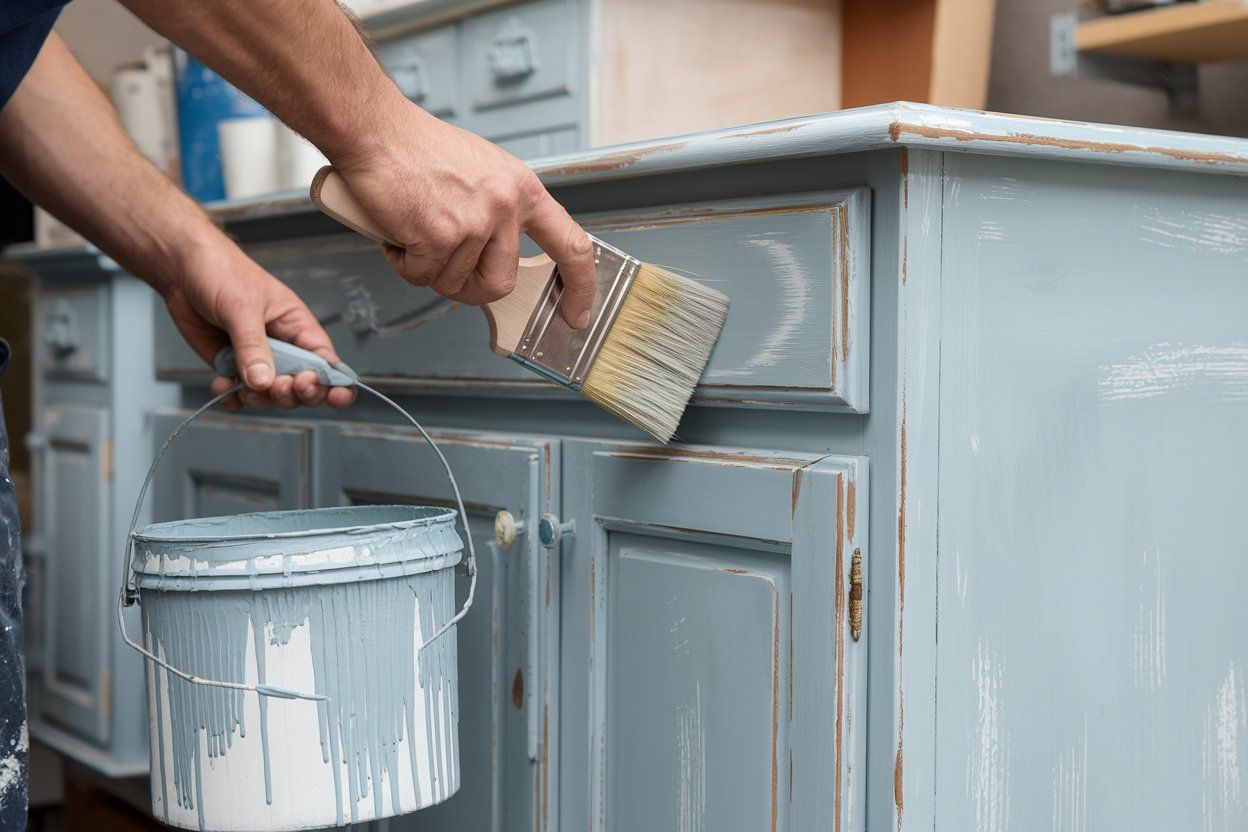 A man is painting a cabinet with a brush and a bucket of paint.