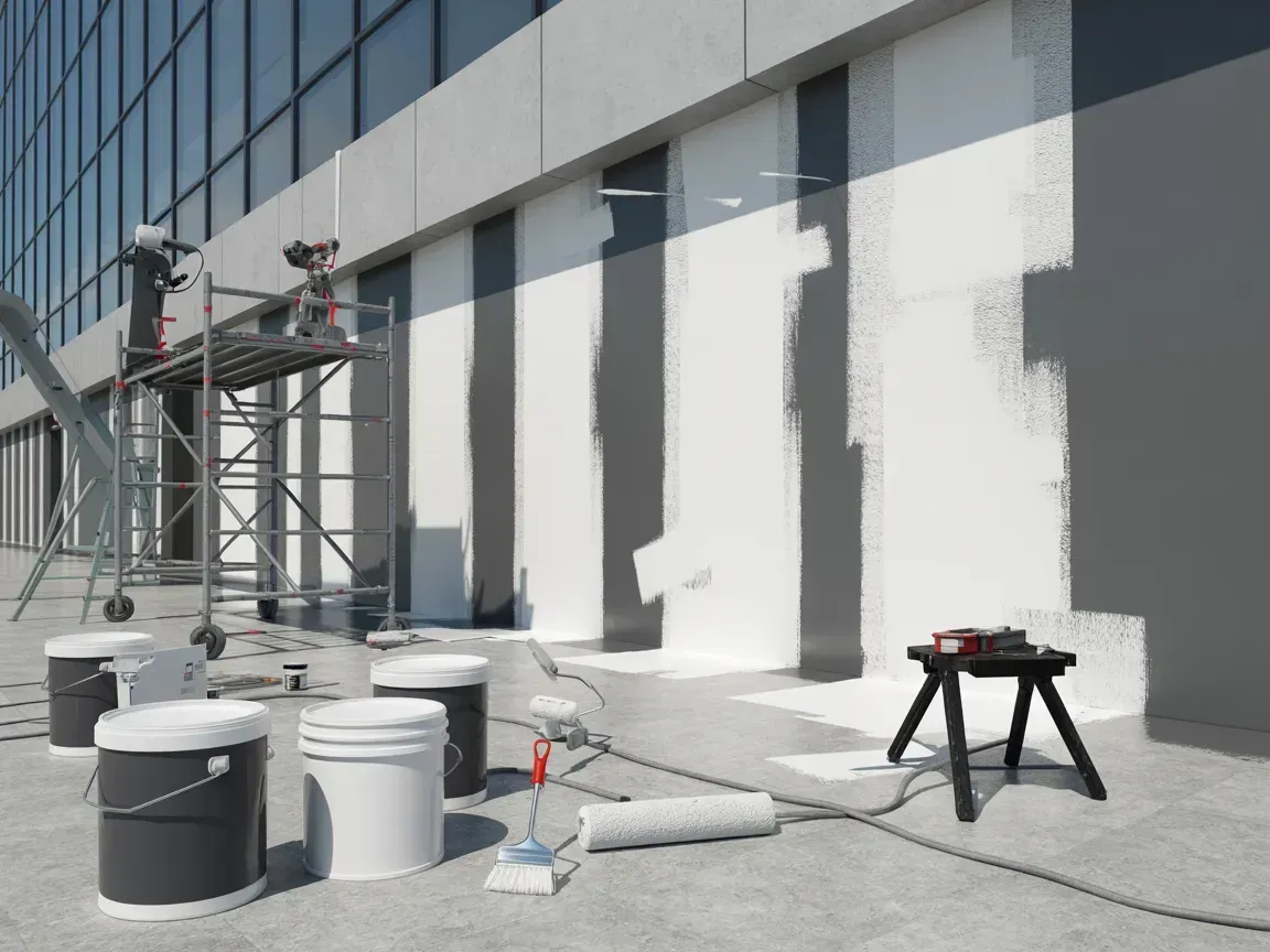 Workers painting a building exterior gray and white with scaffolding and paint buckets in front