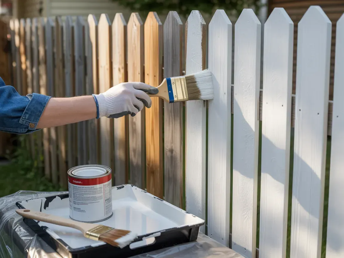 Person painting a white fence with a brush beside an open can of paint