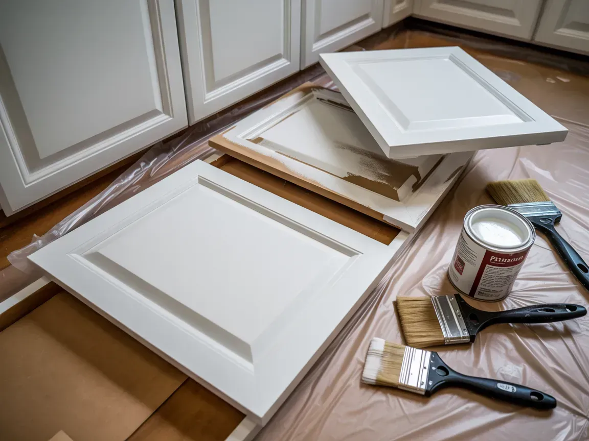 Paint supplies and white cabinet doors laid out on a floor covered with cardboard, ready for painting.