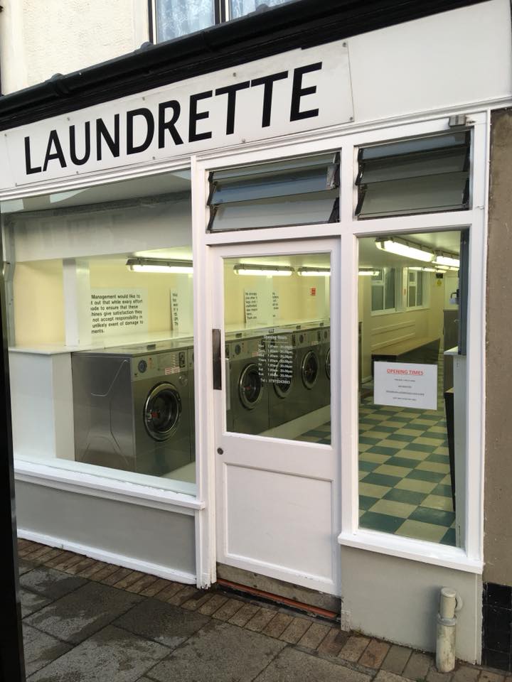 Braintree Launderette Outside Image - Black and white
