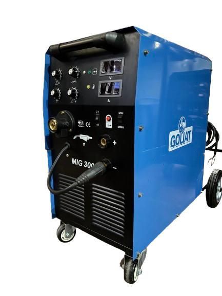 Máquina de soldar MIG azul y negra con controles, medidores y alimentación de alambre.