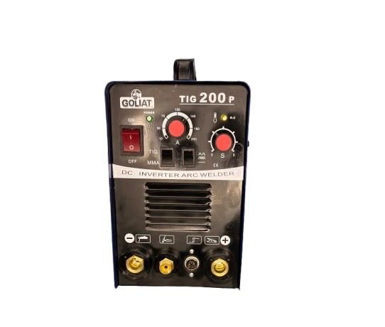 Máquina de soldar GOLDA TIG 200P azul y negra con controles y puertos.