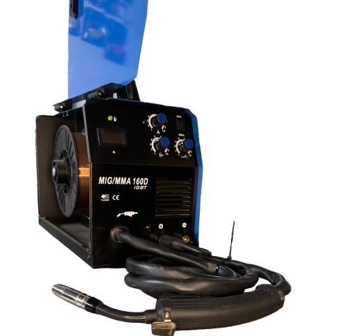 Maquina de soldar MIG azul y negra con controles y cables.
