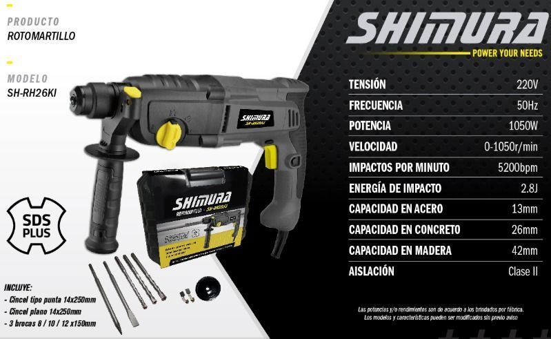 El catálogo de martillos rotativos Shimura, cuenta con tres modelos con diseños en color negro y amarillo.