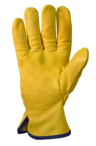 Guante de trabajo amarillo, palma hacia arriba, con ribete negro en la muñeca.