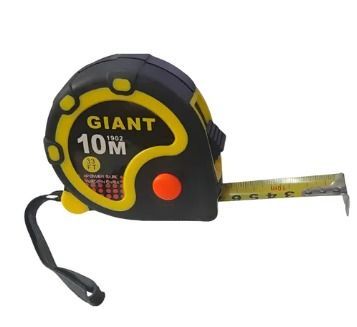 Cinta métrica gigante negra y amarilla, con medición de 5 M/16 pies mostrada, extendida desde la carcasa.