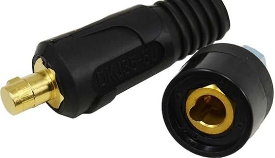 Dos receptáculos para cables de soldadura de color negro y dos conectores de cable a juego.