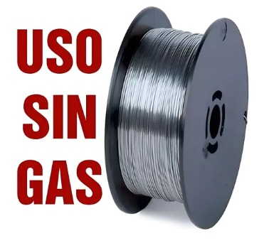 Carrete de alambre de soldadura, metal plateado, enrollado en un carrete de plástico gris.