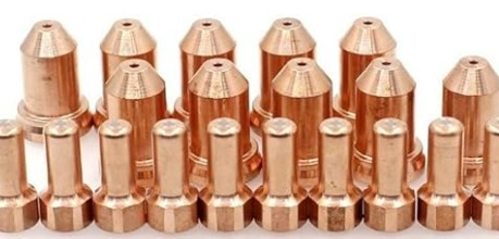 Diagrama explotado de los consumibles de la antorcha de plasma PT-80 IPT-80 con las piezas etiquetadas: tubo de enfriamiento, electrodo, anillo de remolino, punta y tapa de retención.