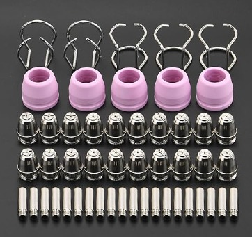 Vista despiezada de una antorcha de soldadura TIG: pinza, cuerpo de pinza, copa de cerámica y lente de gas en orden secuencial.