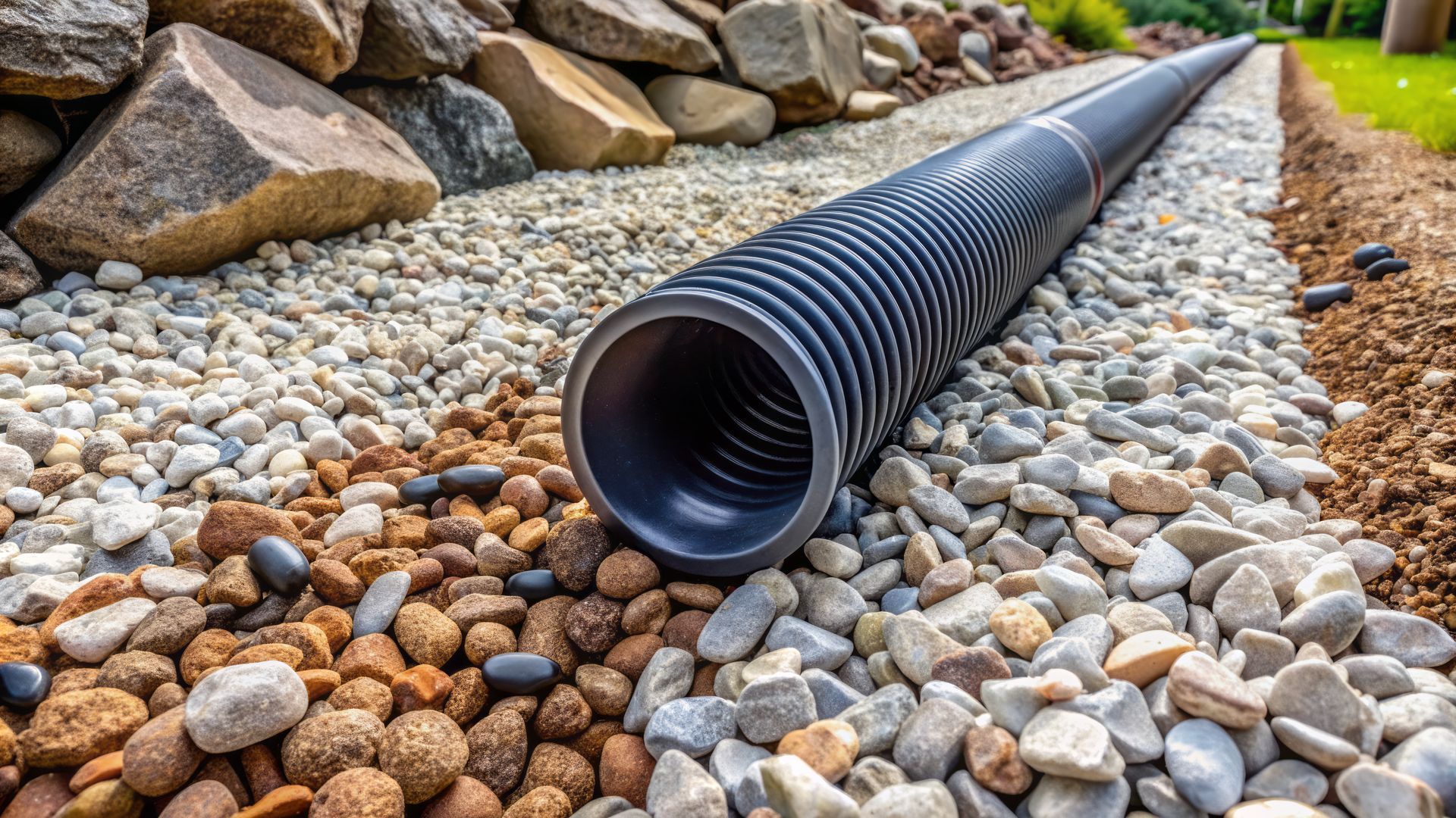 Tuyau de drainage noir ondulé entouré de gravier de couleurs variées ; rochers et herbe en arrière-plan.