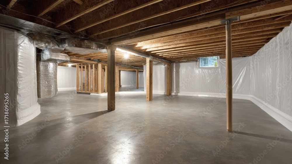 Sous-sol vide avec poutres en bois apparentes, poteaux de soutien et sol en béton.