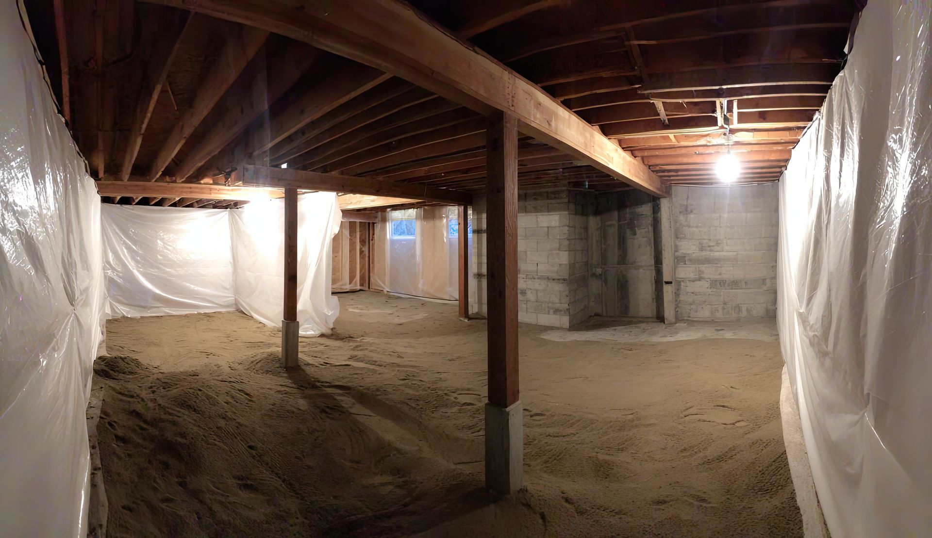 Sous-sol non aménagé avec poutres en bois apparentes, murs en béton et sol en terre battue recouvert de sable, le tout recouvert d'une bâche en plastique blanc.