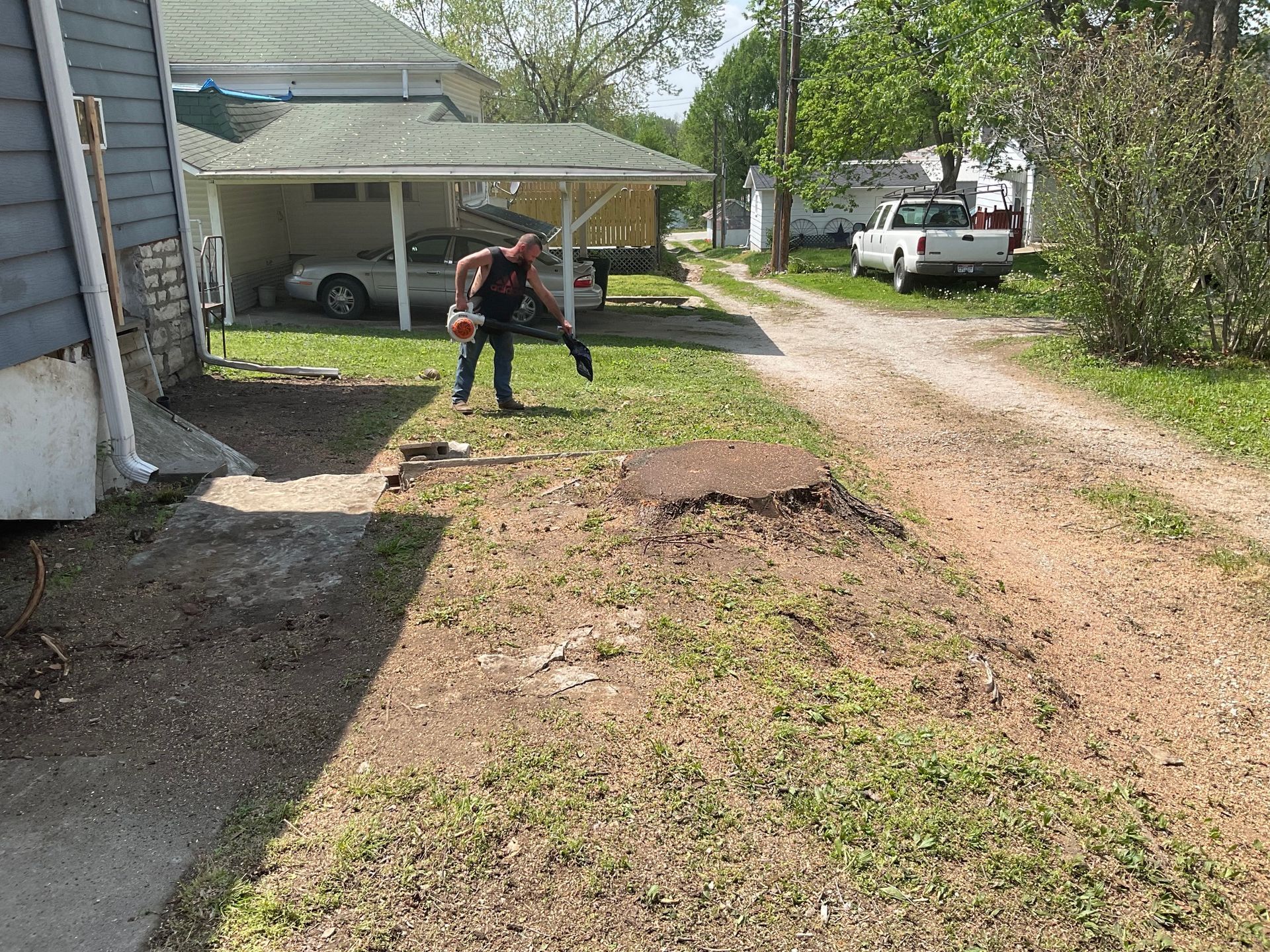 A man is using a chainsaw to cut a tree stump in a yard.
