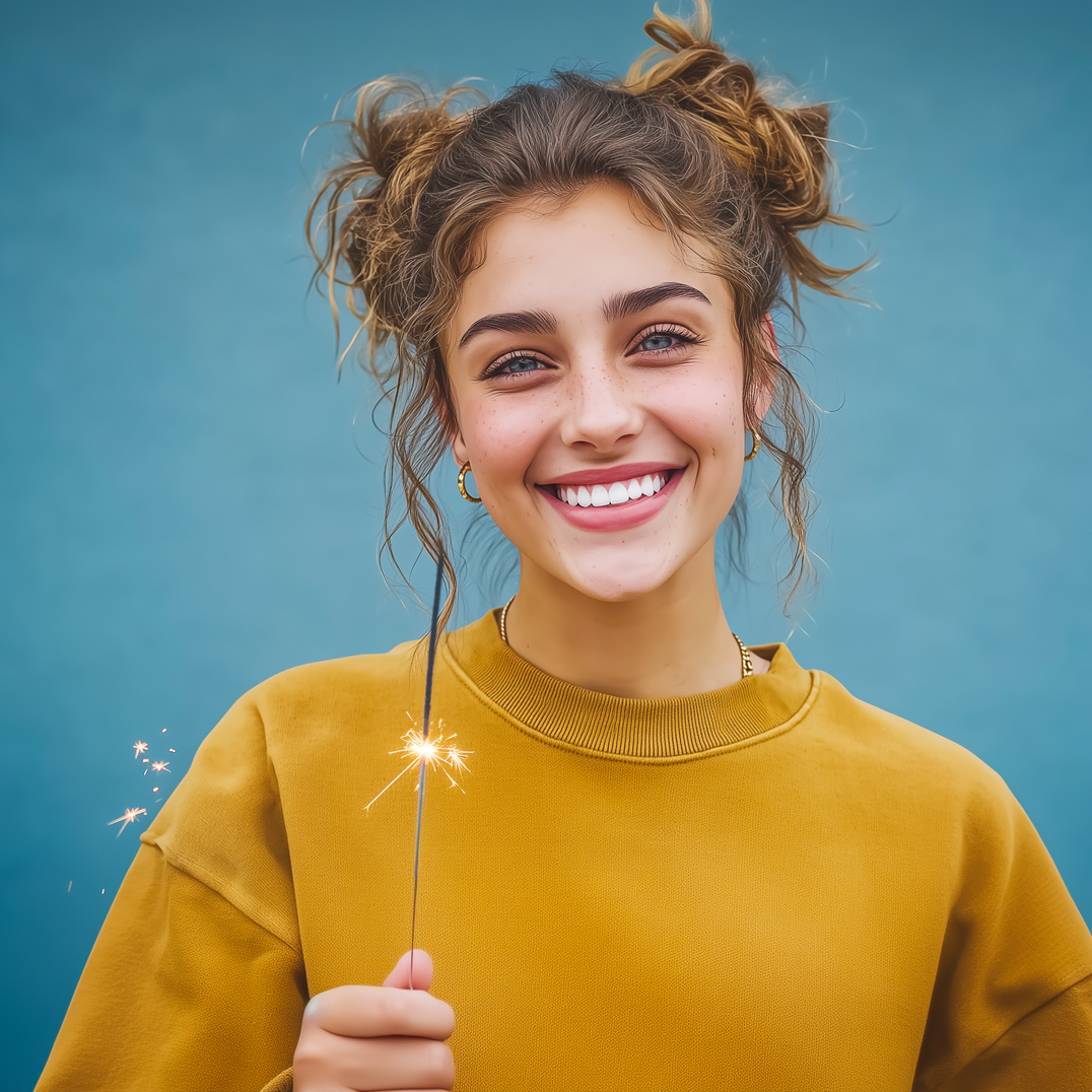 Woman with messy buns smiling, holding a sparkler against a blue background, wearing a yellow sweater.
