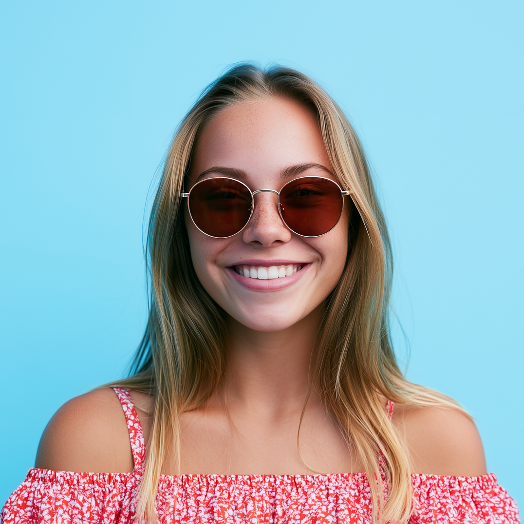 Smiling person in round sunglasses and a pink off-shoulder top against a blue background