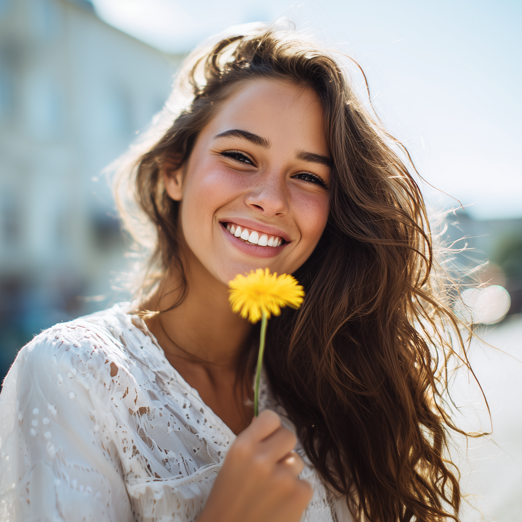 Woman smiling, holding a yellow flower. Outdoors, wearing a white lace top.