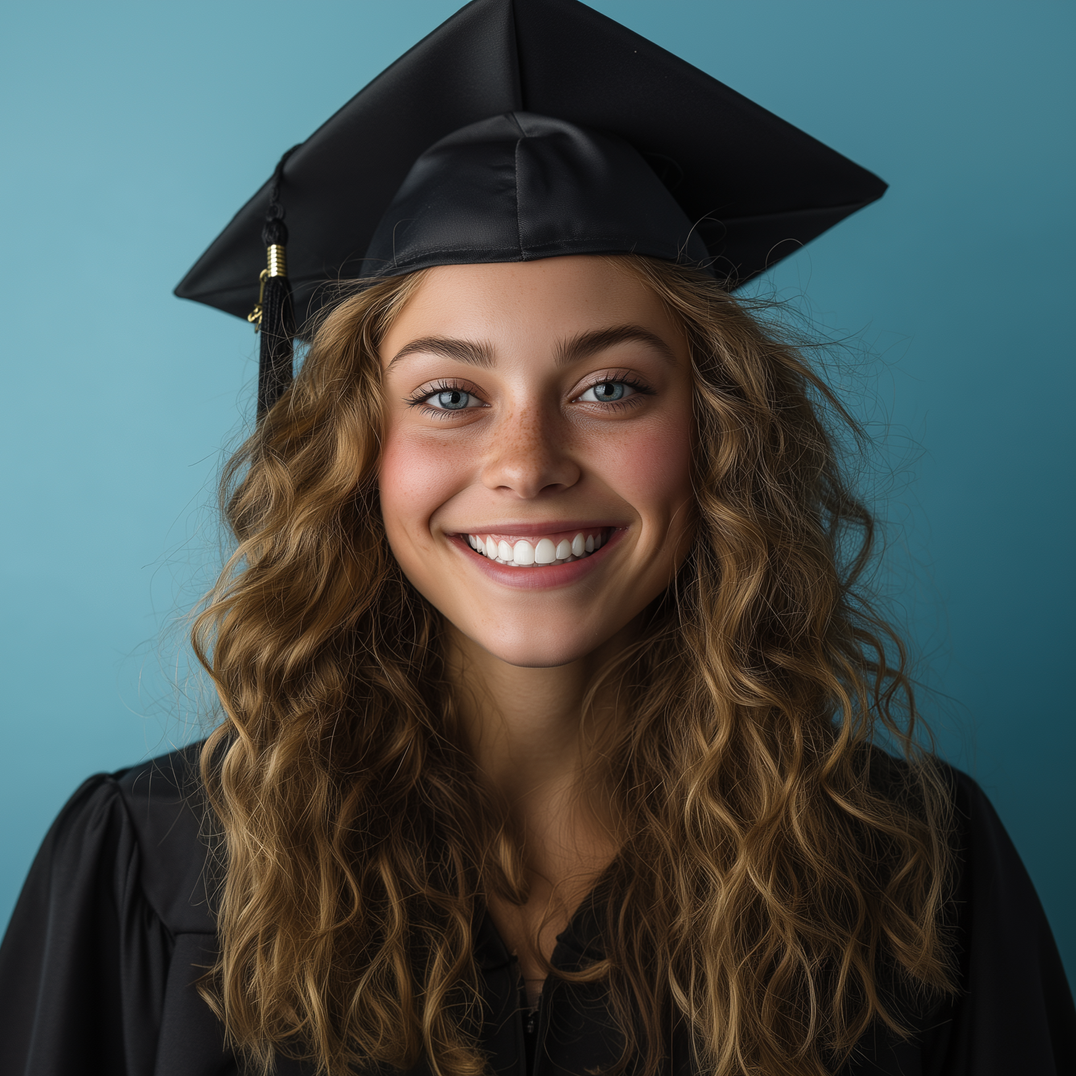 Smiling graduate in black cap and gown against a blue background