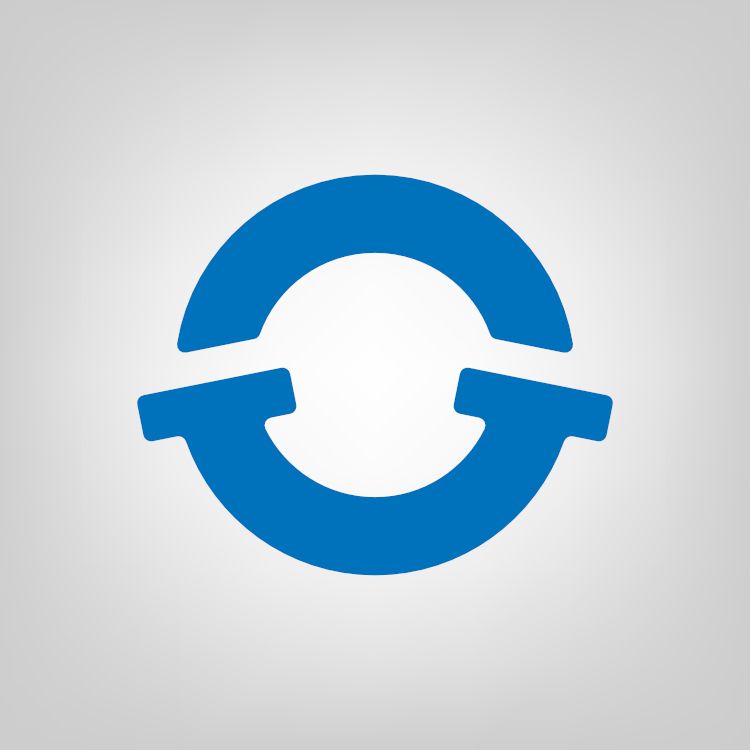 A blue and white logo on a gray background