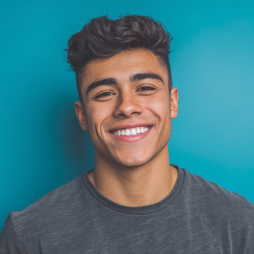 A young man is smiling in front of a blue wall.