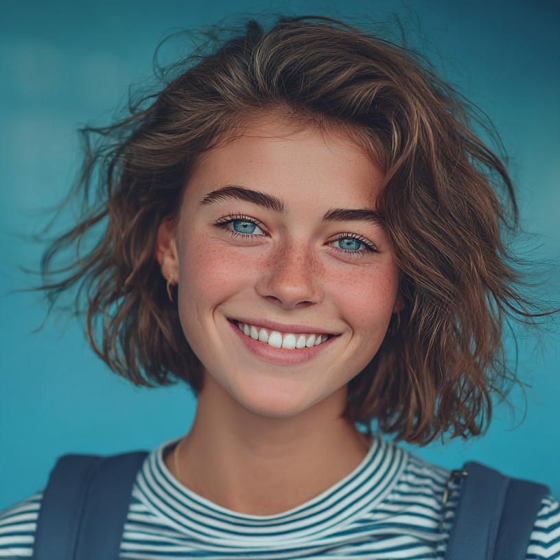 A young woman with short hair and blue eyes is smiling for the camera.