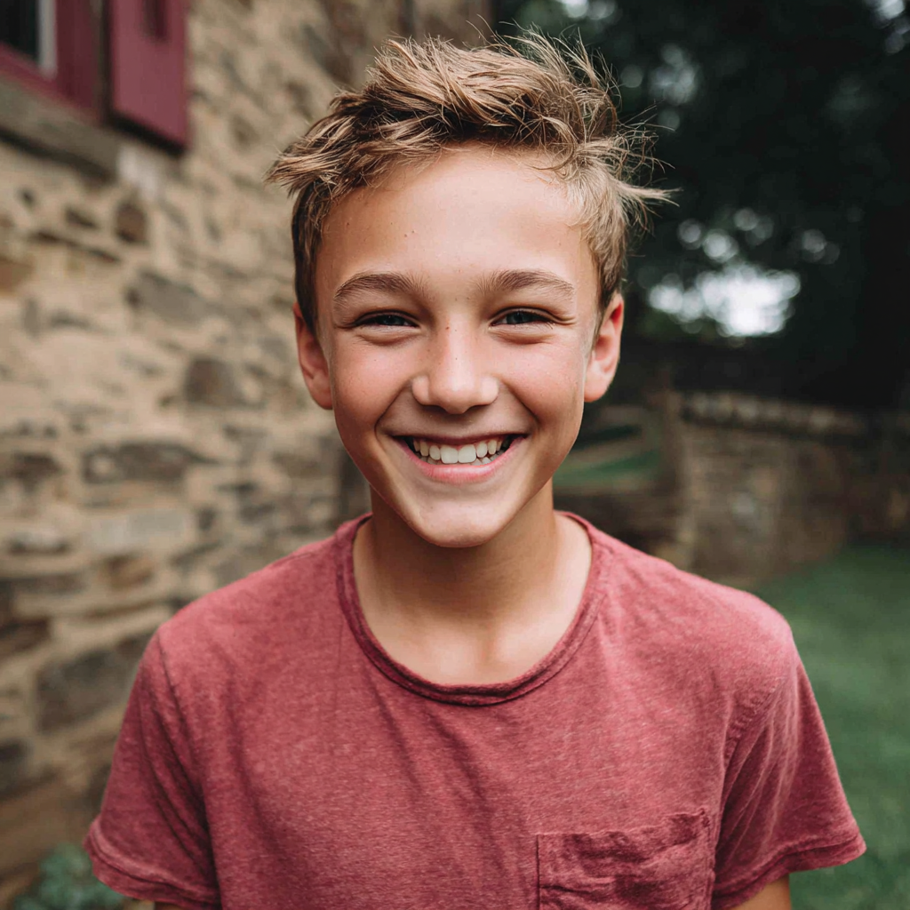 Boy with tousled brown hair smiles widely, wearing a red t-shirt; stone wall background.