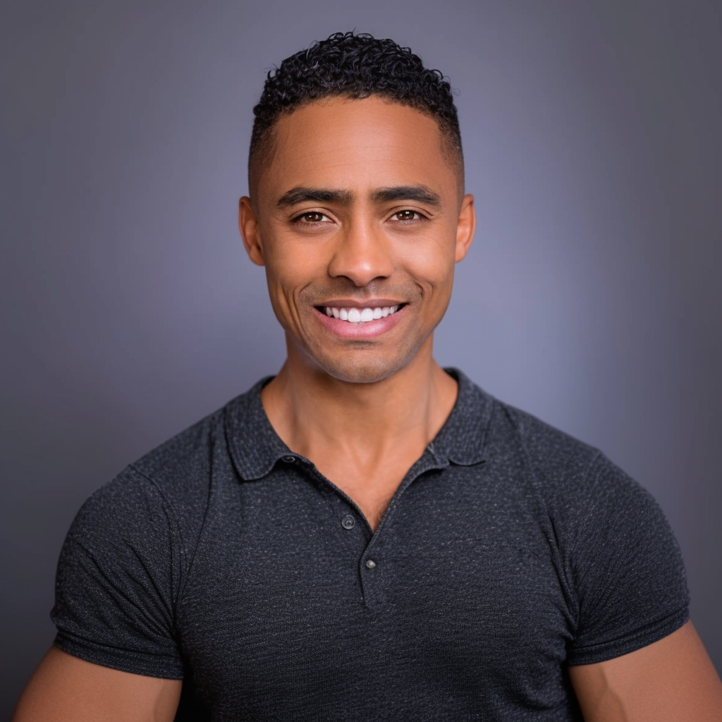 A man in a black polo shirt is smiling for the camera.