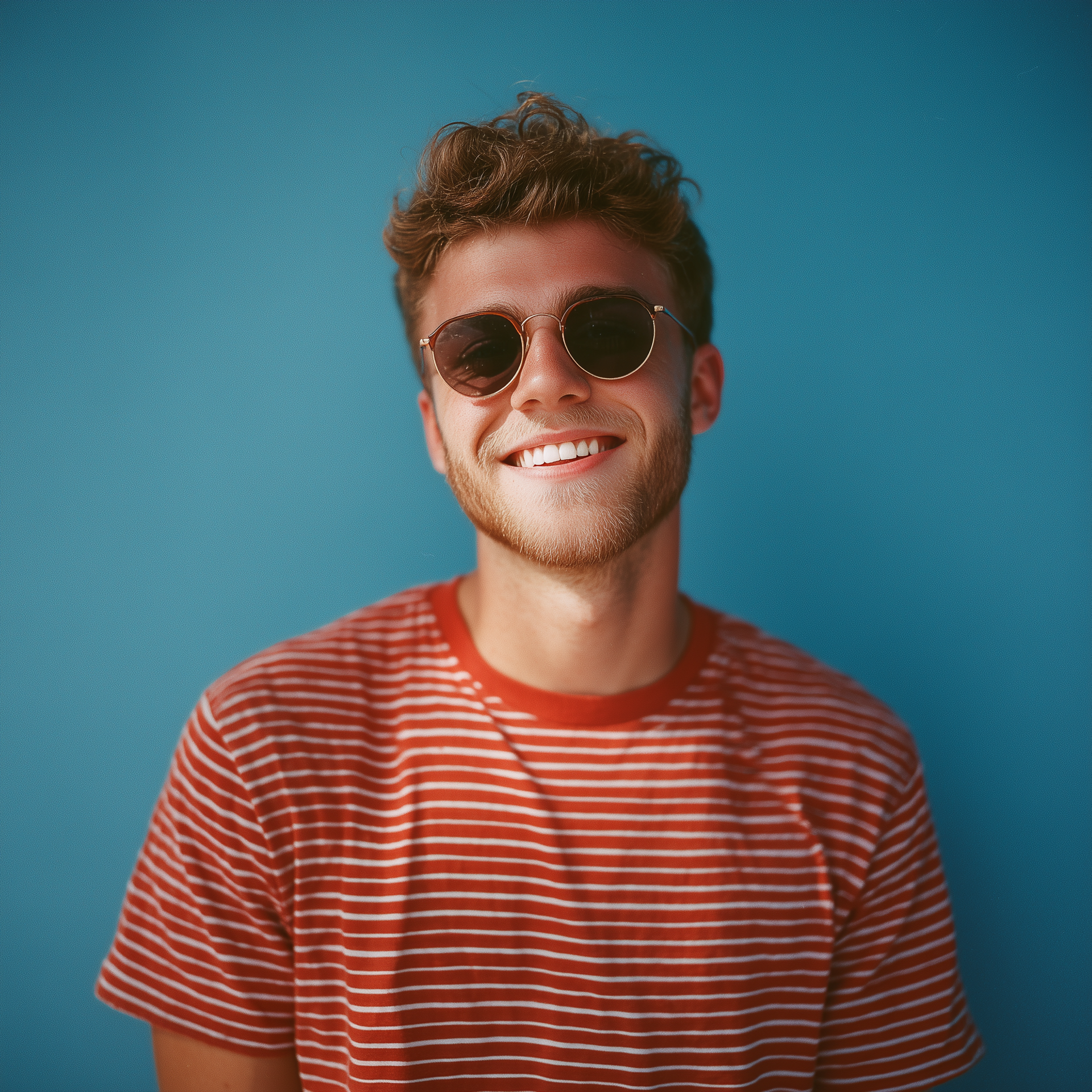 Man wearing sunglasses and a striped shirt smiles in front of a blue background.
