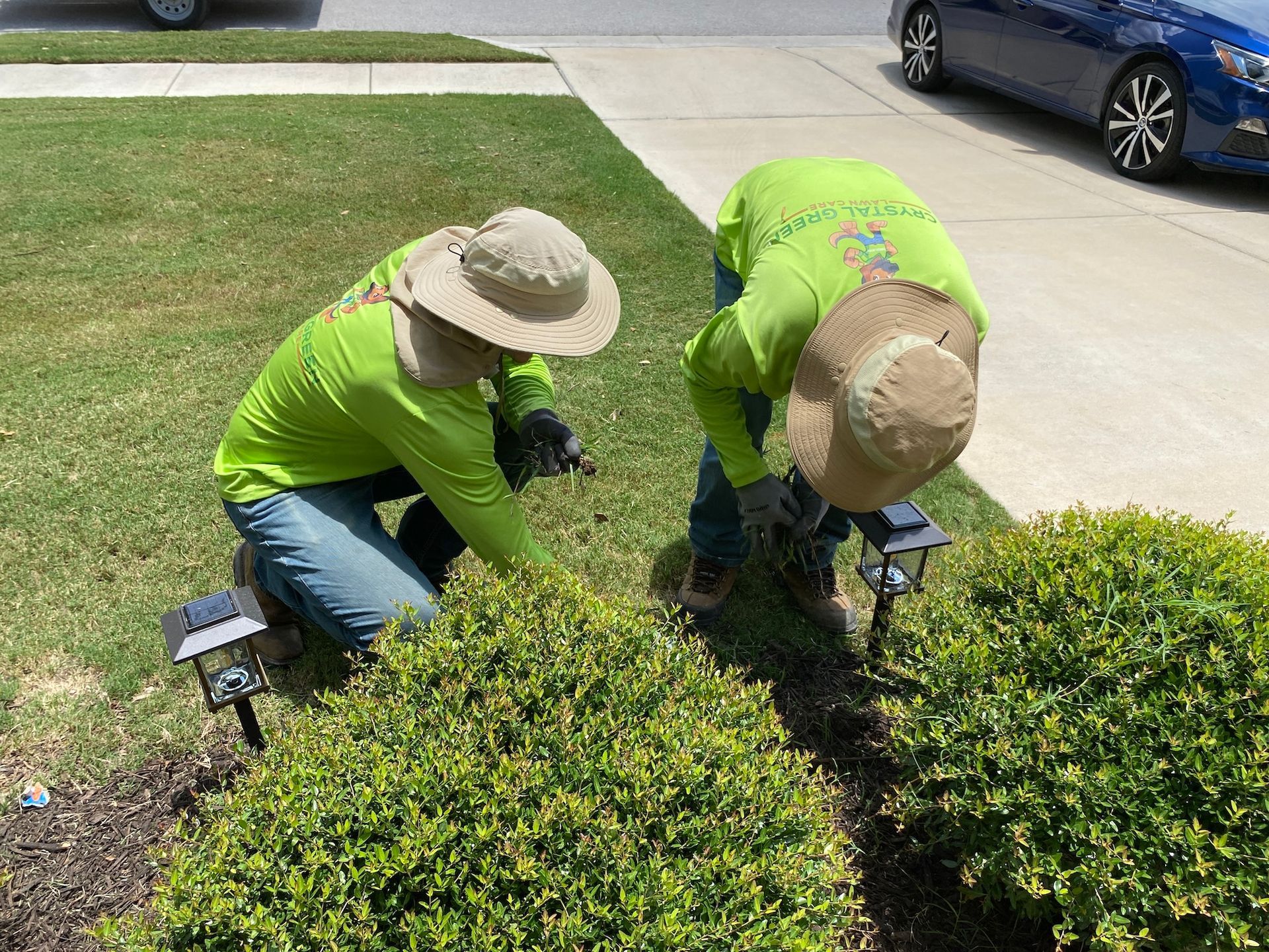 two men in green shirts and hats are working in a garden .