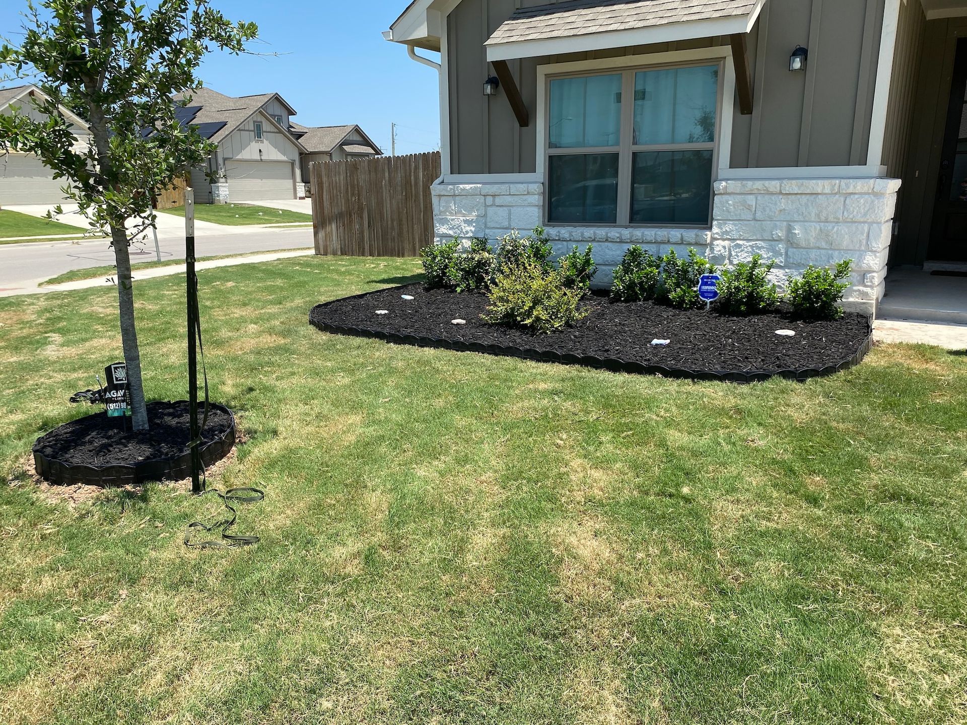 a house with a lush green lawn and a tree in front of it .