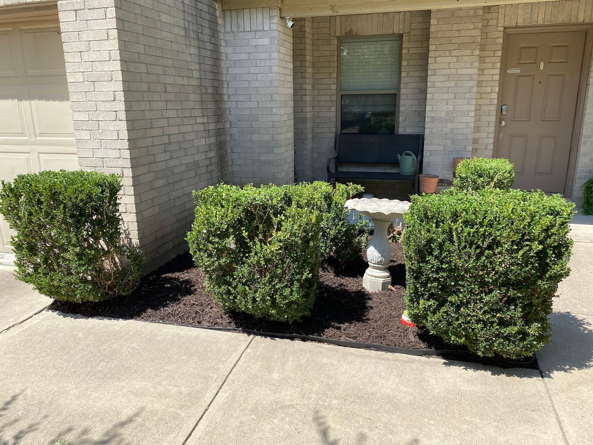 a row of bushes in front of a brick house .