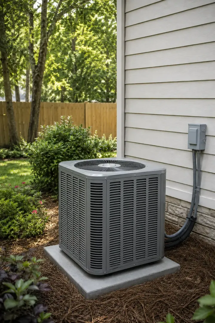New central air conditioning unit installed outside Hinesville ga home on a clean concrete pad
