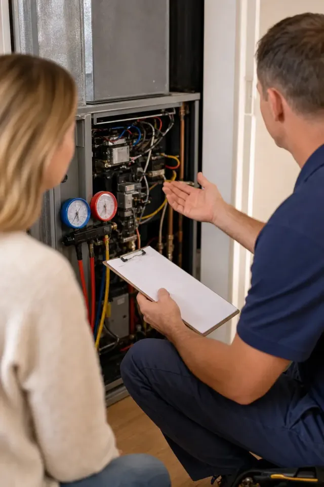 professional HVAC technician explaining AC inspection to Hinesville homeowner
