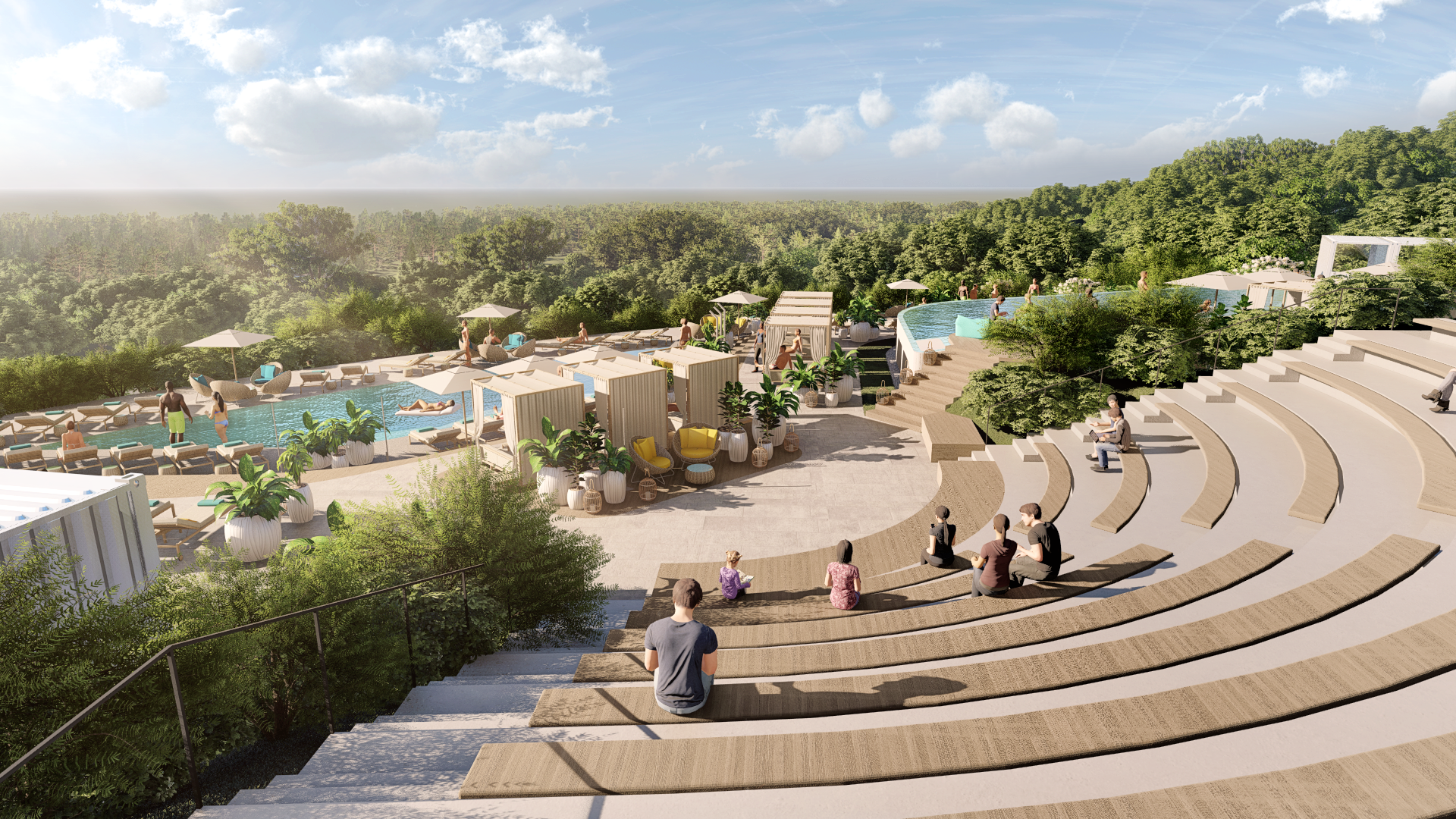 An outdoor amphitheater with people; a pool and lush trees surround the venue under a bright sky.
