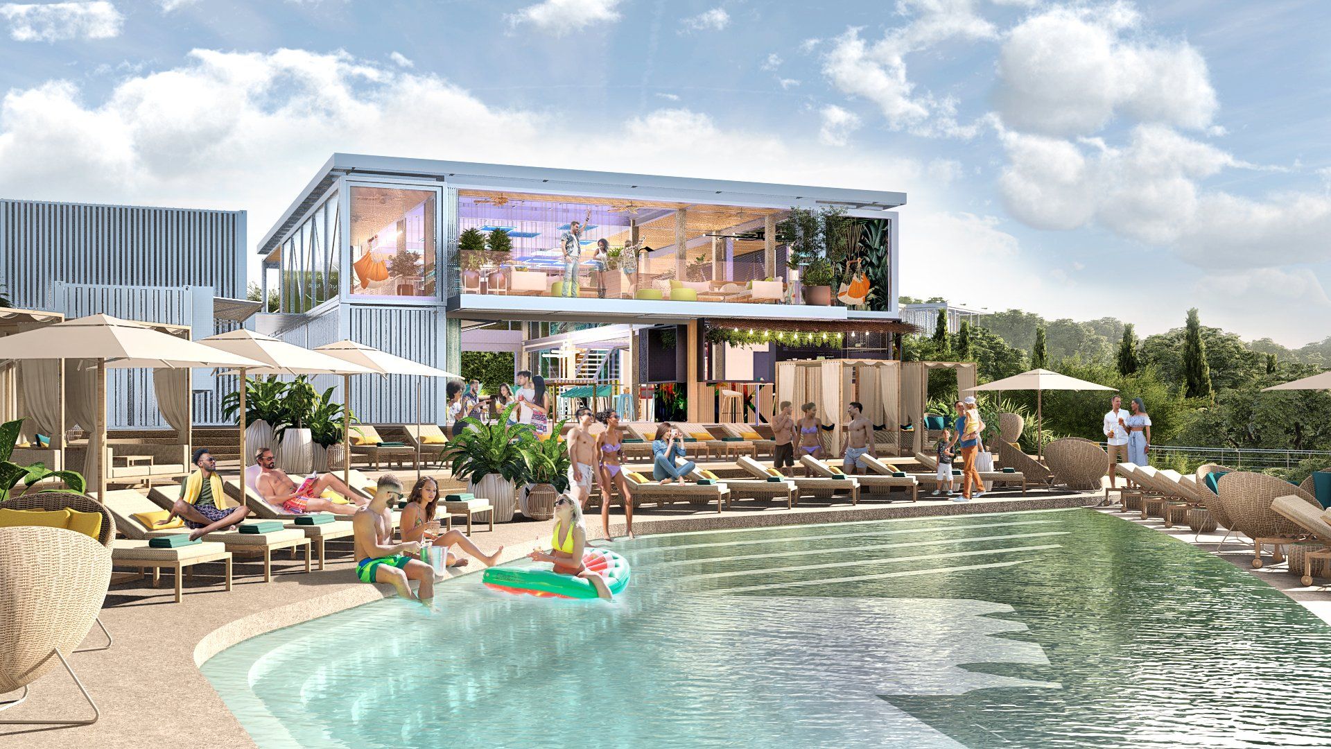 Poolside scene at a resort. People relax by the pool, sunbathe, and socialize near a modern building.