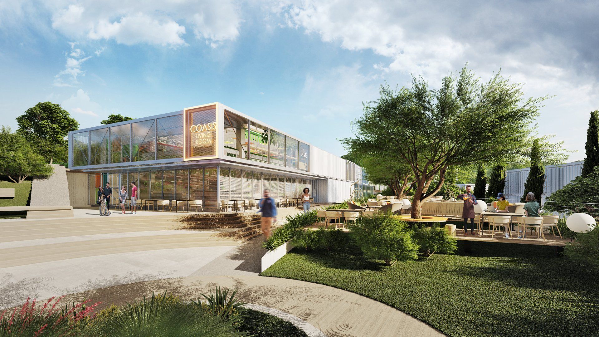 Modern building with glass walls, outdoor seating, garden, and people enjoying the space.