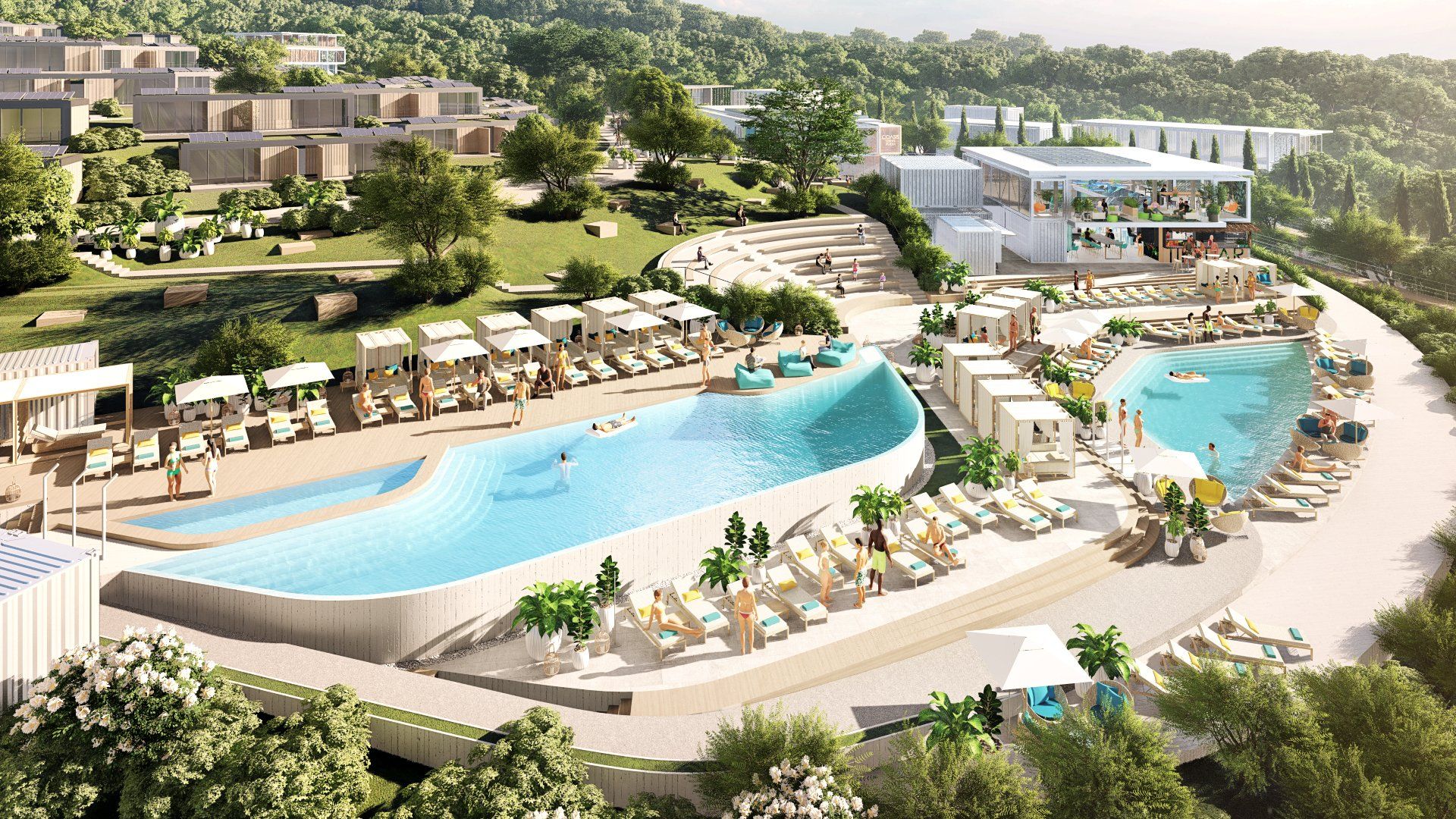 Aerial view of a luxury resort with pools, cabanas, and sunbathers, set against a hillside and trees.