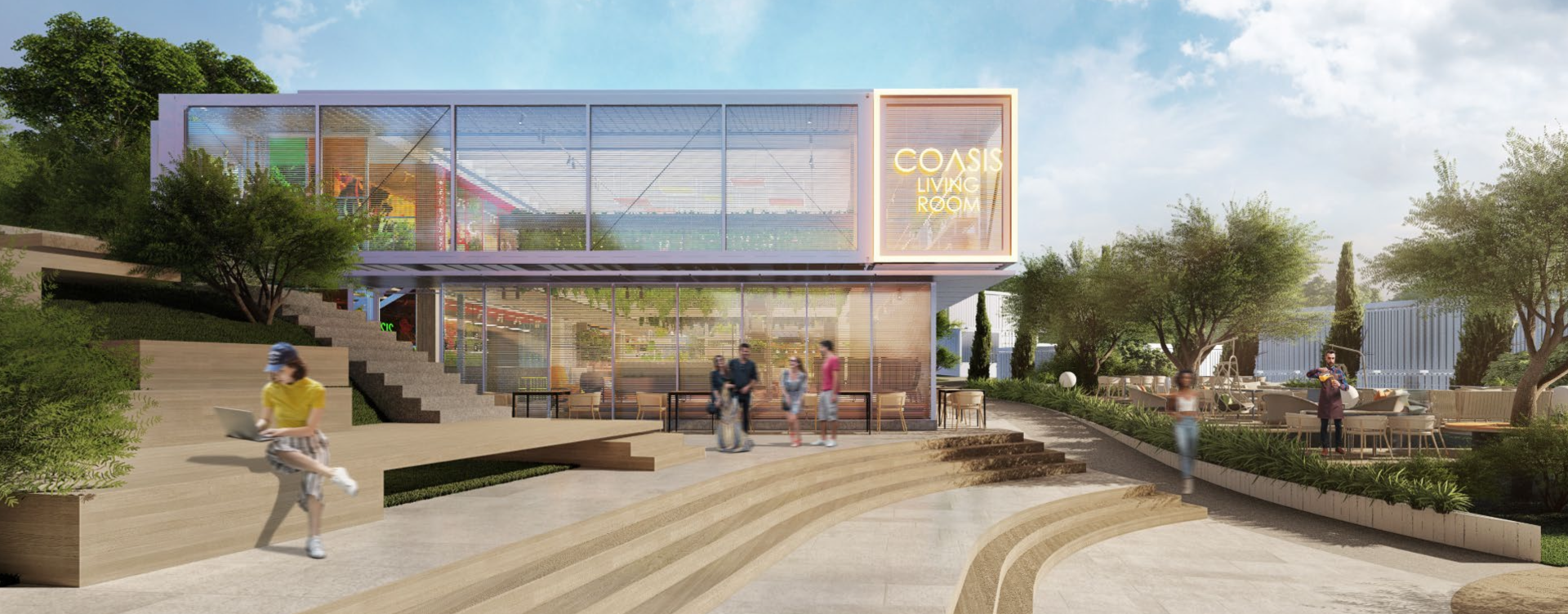 A modern cafe, COAST CAFE, with glass walls, trees, and people outdoors on a sunny day.