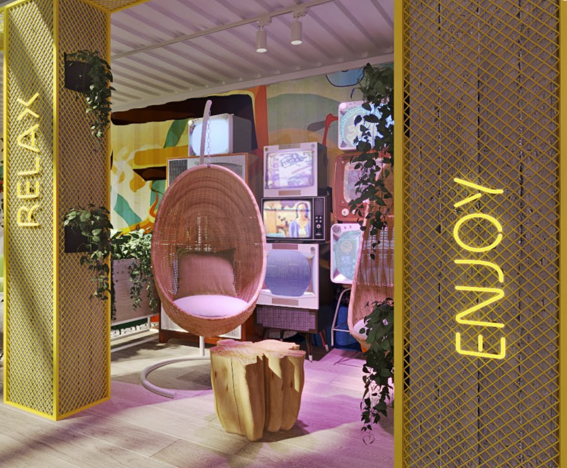 Room with a hanging chair, vintage TVs, neon