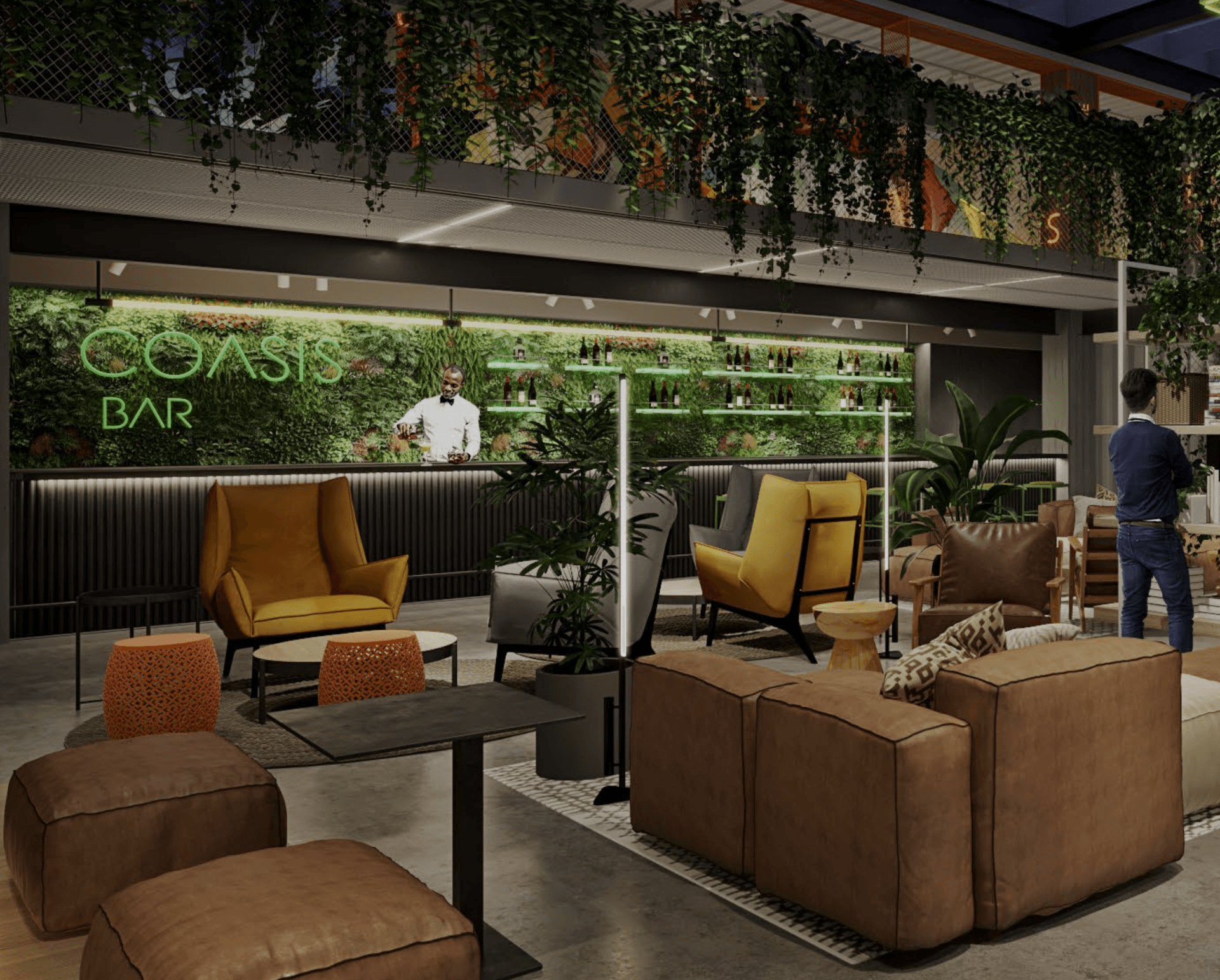 Interior of the Coast Bar with a bartender, seating areas, and hanging plants. Earth tones and green accents.