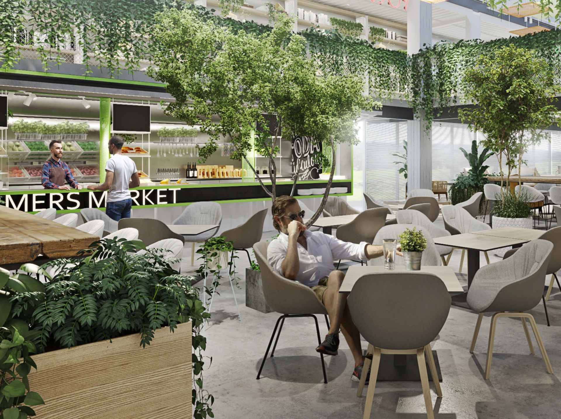 A farmer's market scene with people, tables, and chairs, filled with greenery and a bright open space.