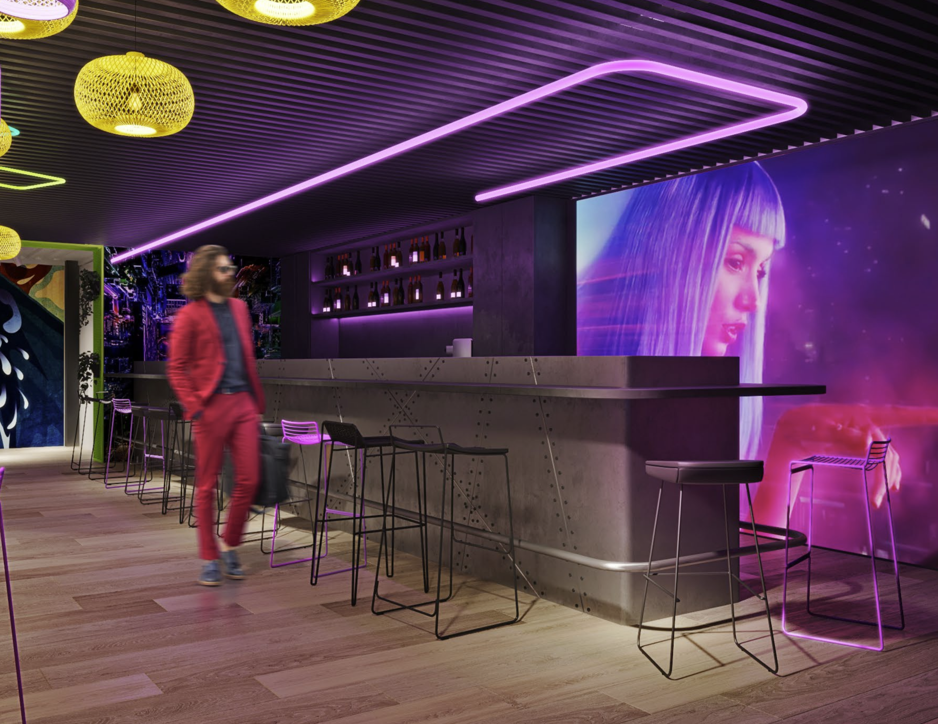 A man in red suit walks by a neon-lit bar with a projected image of a woman, purple ambiance.