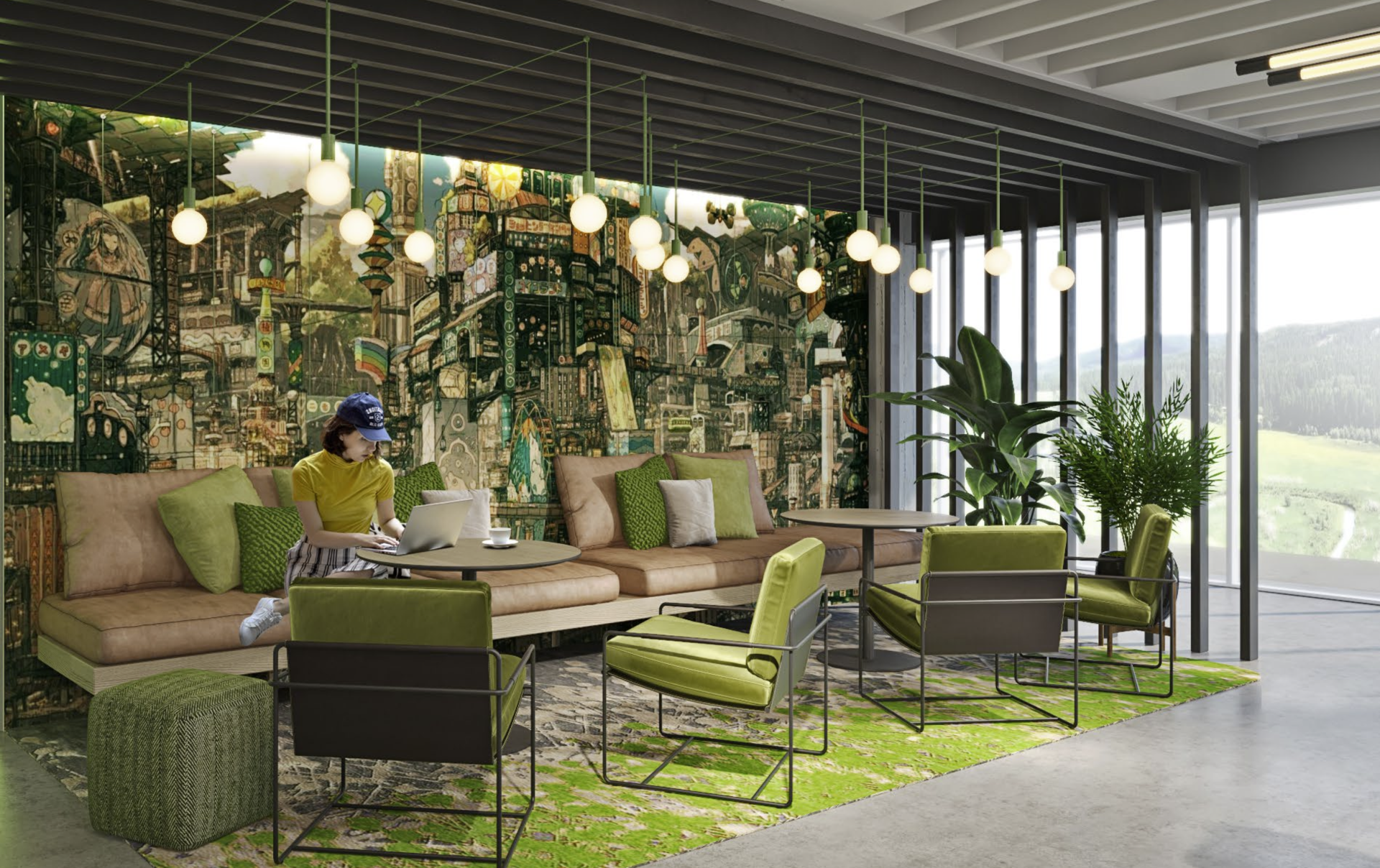 Cozy lounge area with a woman working, featuring green and earth-toned furniture, a mural, and hanging lights.