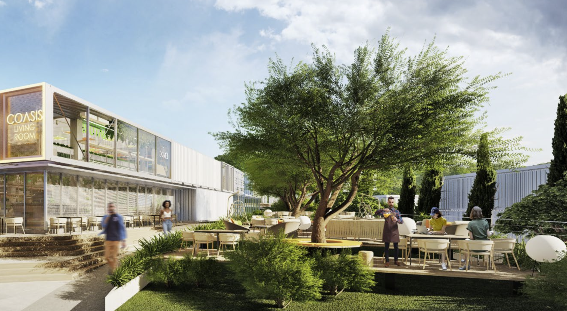 Outdoor dining area with trees, tables, and a building with a sign that says “COLMAR FARM ROOM”.