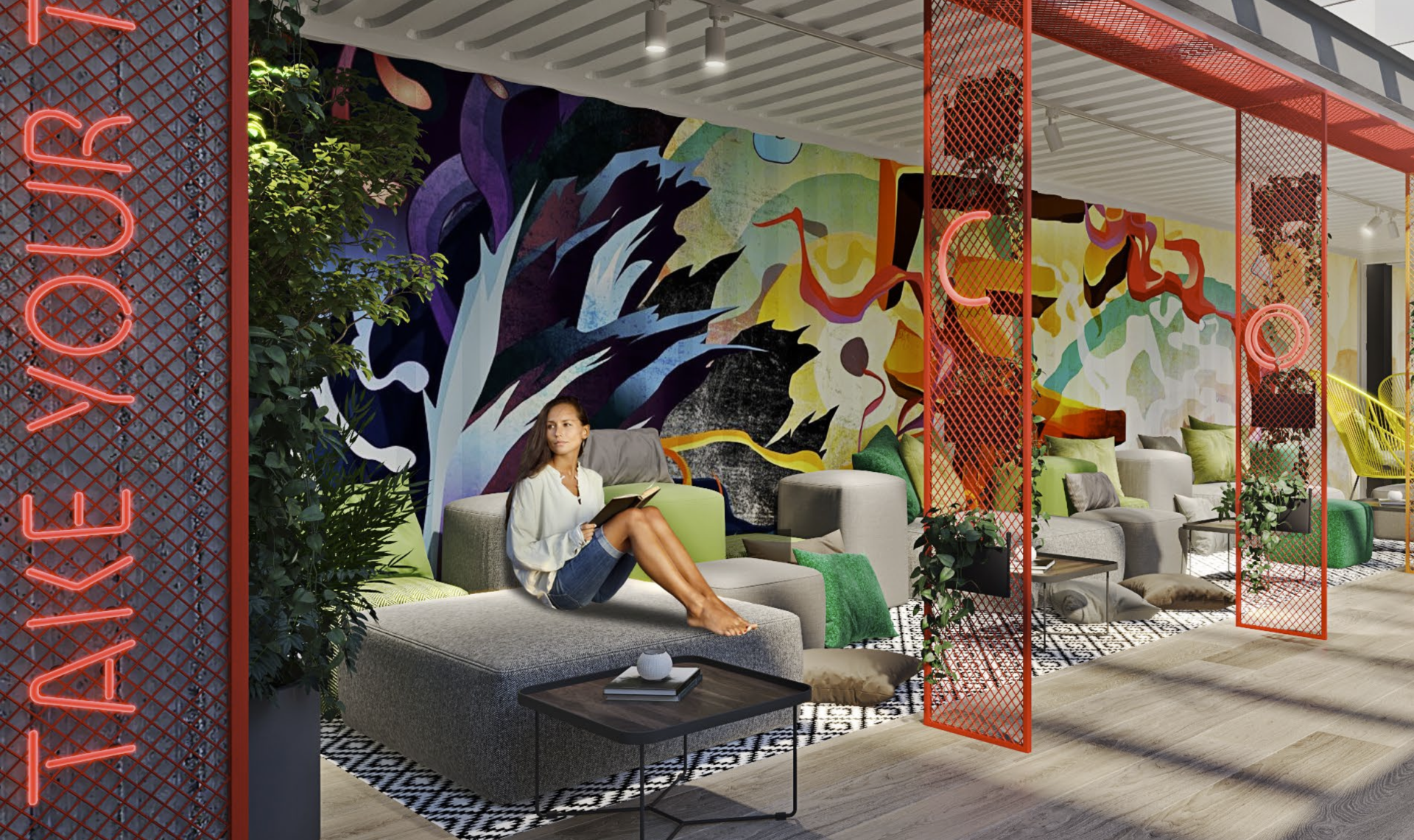 Woman relaxing on a couch in colorful lounge with mural and red accents.