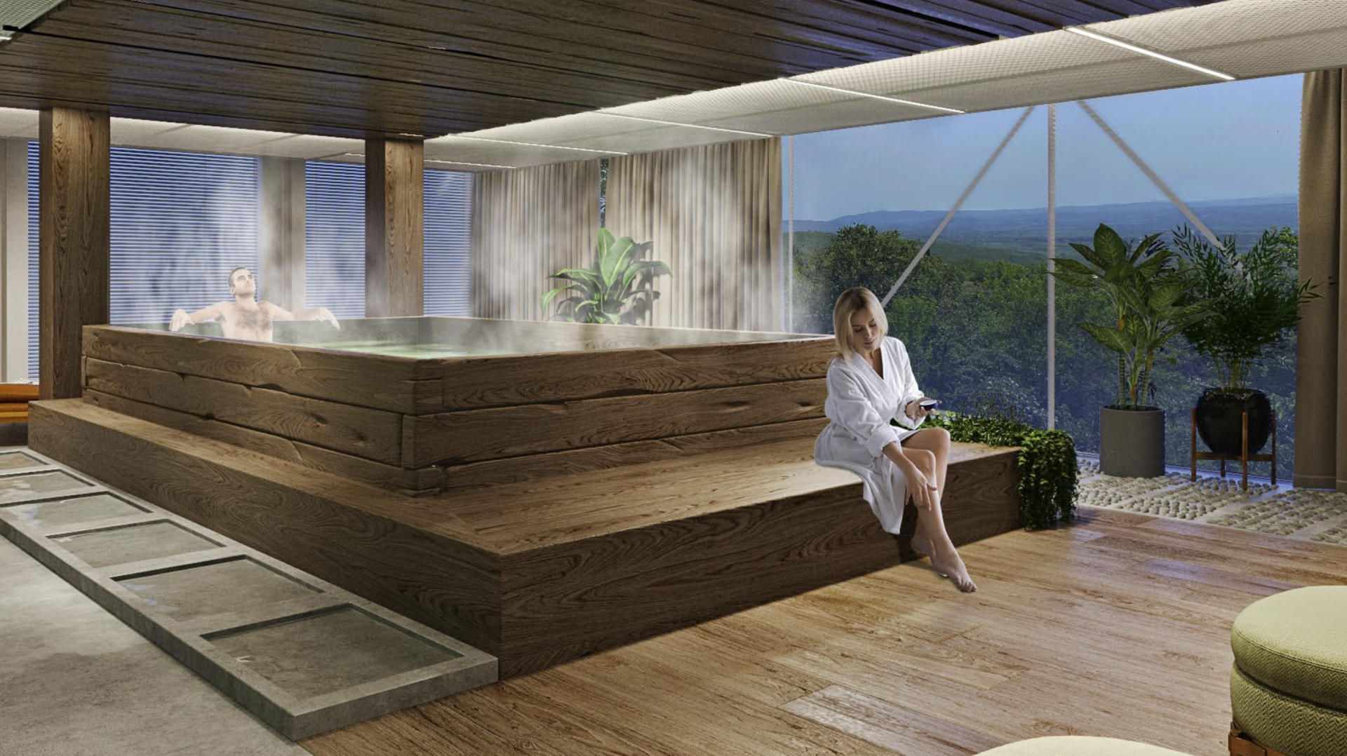 Woman in robe sits near spa pool overlooking forest.