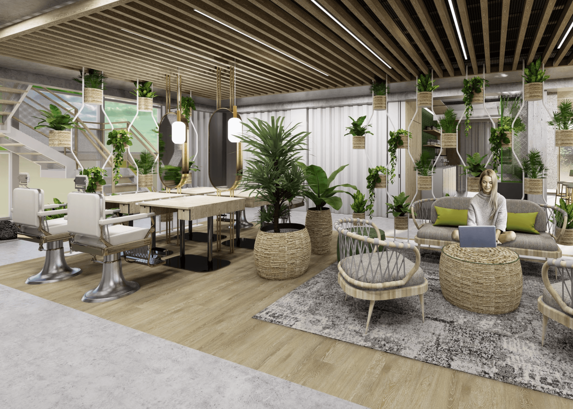 A light and airy office space with plants, furniture, and a person working on a laptop.