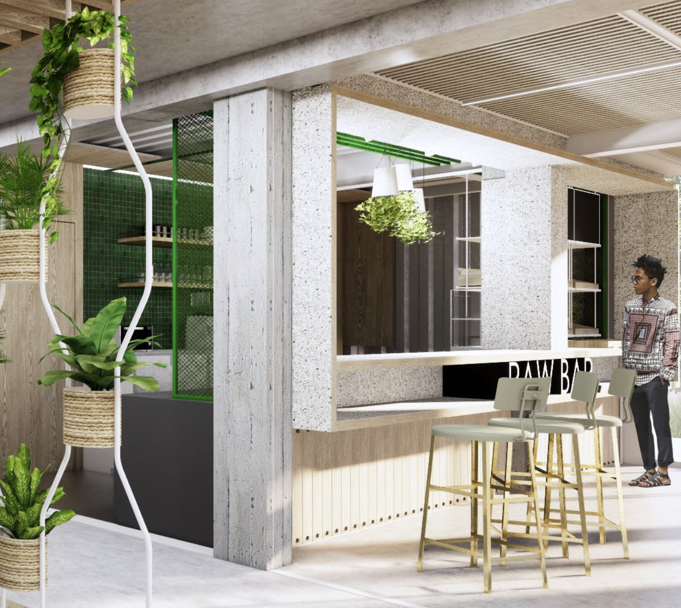 Modern cafe interior with plants and bar seating; a person stands nearby.
